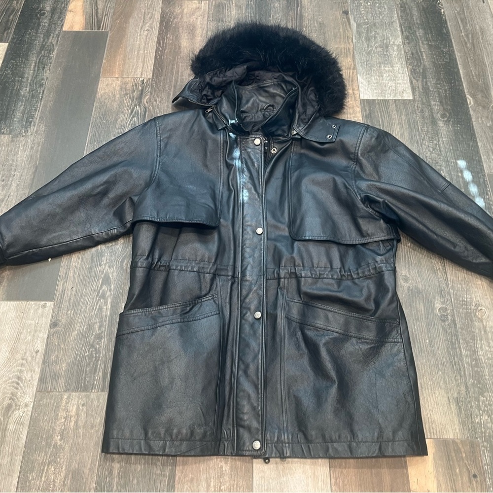 Vintage Wilsons Leather Long XL Black Faux Fur Trim Hooded Womens Coat 90’s - Picture 6 of 11